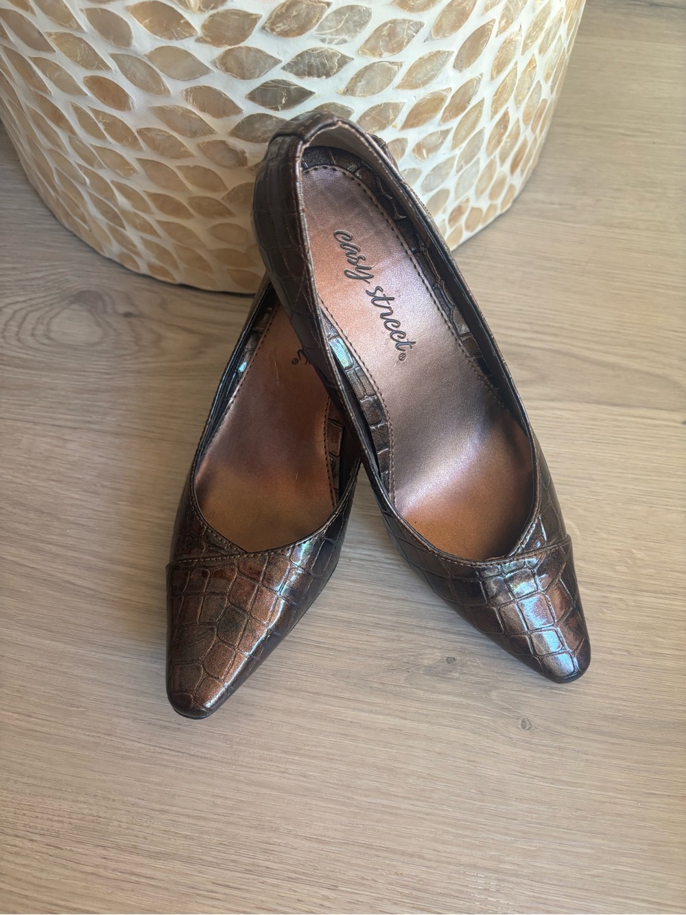 easy street Brown Croc-Embossed Pointed Toe Flats